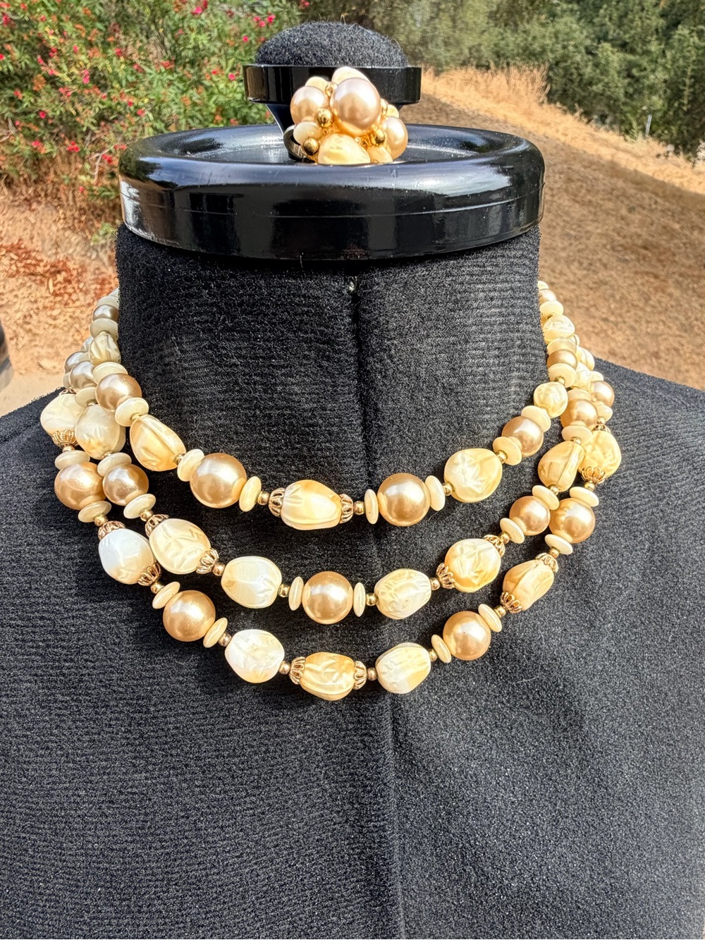 Pristine Vintage Crown Trifari 3 Strand Pearl Cream Bead Necklace & One Earring